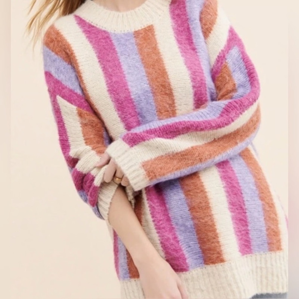 Anthropologie Moon River Striped Hi Lo Pullover Sweater In Violet Multi